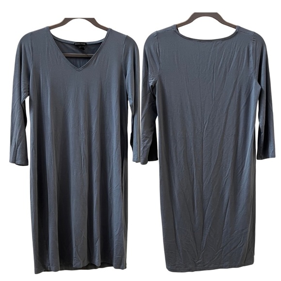 Eileen Fisher Blue Viscose-Jersey Three Quarter Sleeve V Neck Shift Dress, M - Picture 2 of 7
